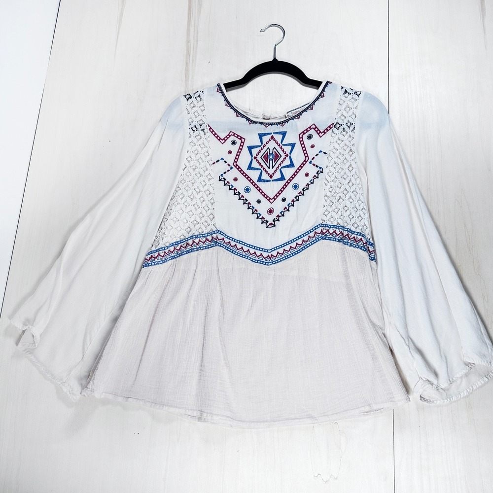 Flying Tomato Embroidered Southwestern Top Western L White Cream Red